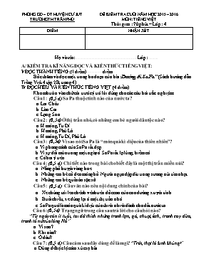 Đề kiểm tra cuối năm học 2015  2016 môn Tiếng Việt 4